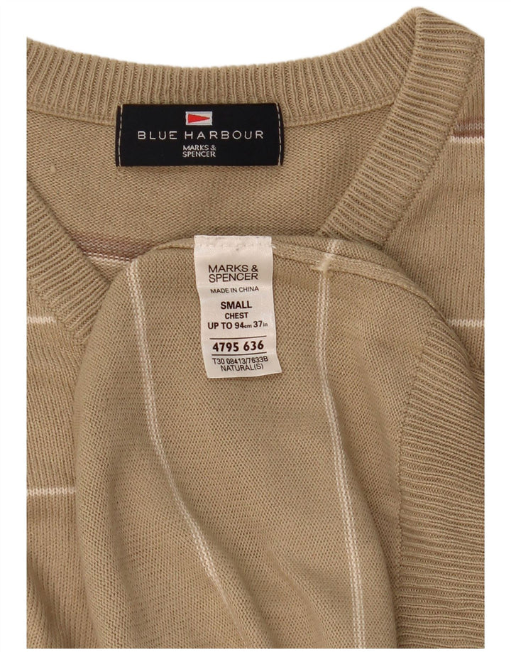 Marks & Spencer Suéter con cuello en V para hombre, color azul, pequeño, color beige, a rayas