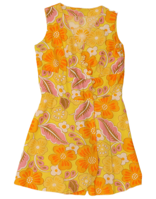 Vintage mujer sin mangas A-Line vestido Reino Unido 12 medio amarillo floral