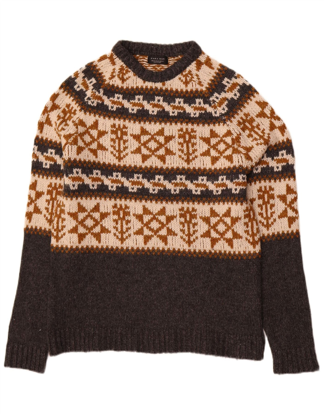 Zara Hombre Jersey Con Cuello Redondo Jersey Acrílico Fair Isle Gris Medio