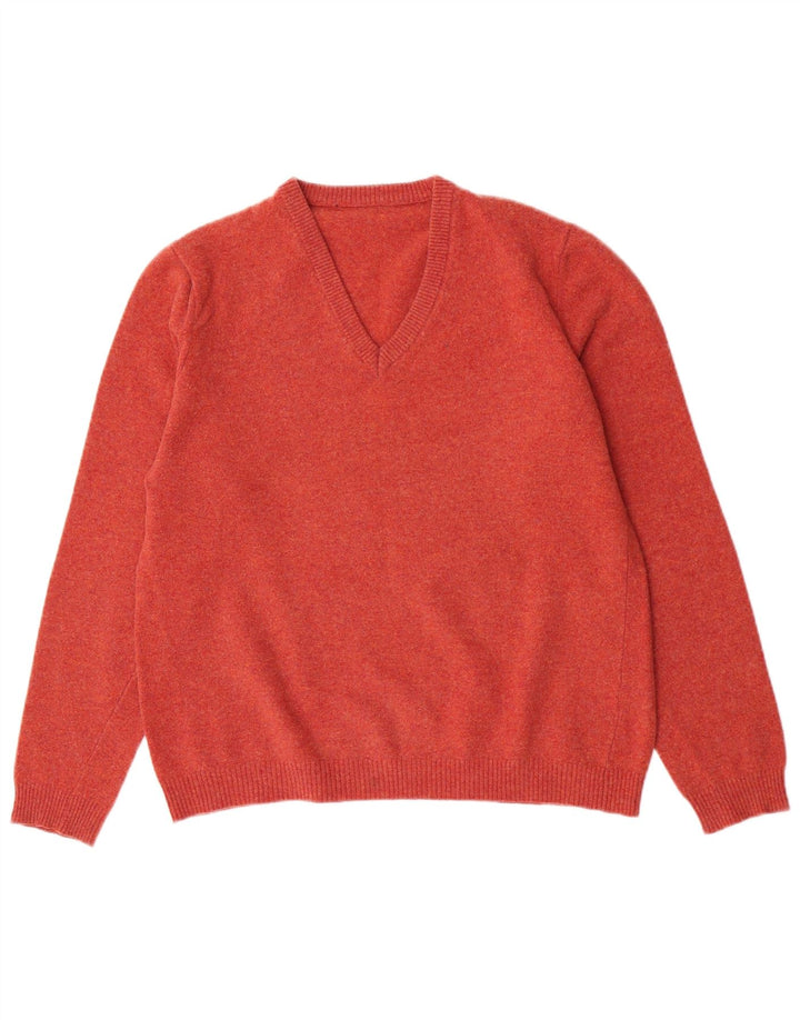 Vintage mujer V-cuello jumper suéter Reino Unido 12 medio rosa merino lana