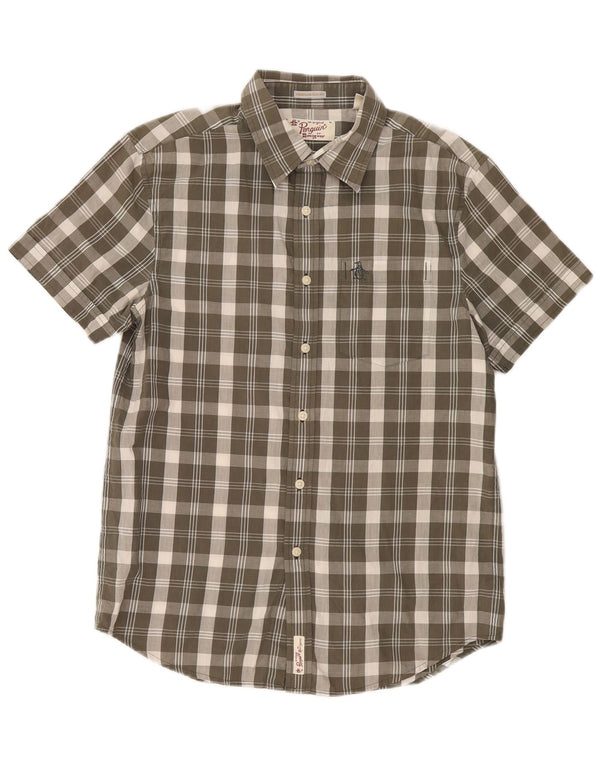 Penguin Hombre Heritage Camisa Slim Fit De Manga Corta De Algodón A Cuadros Caqui Mediano