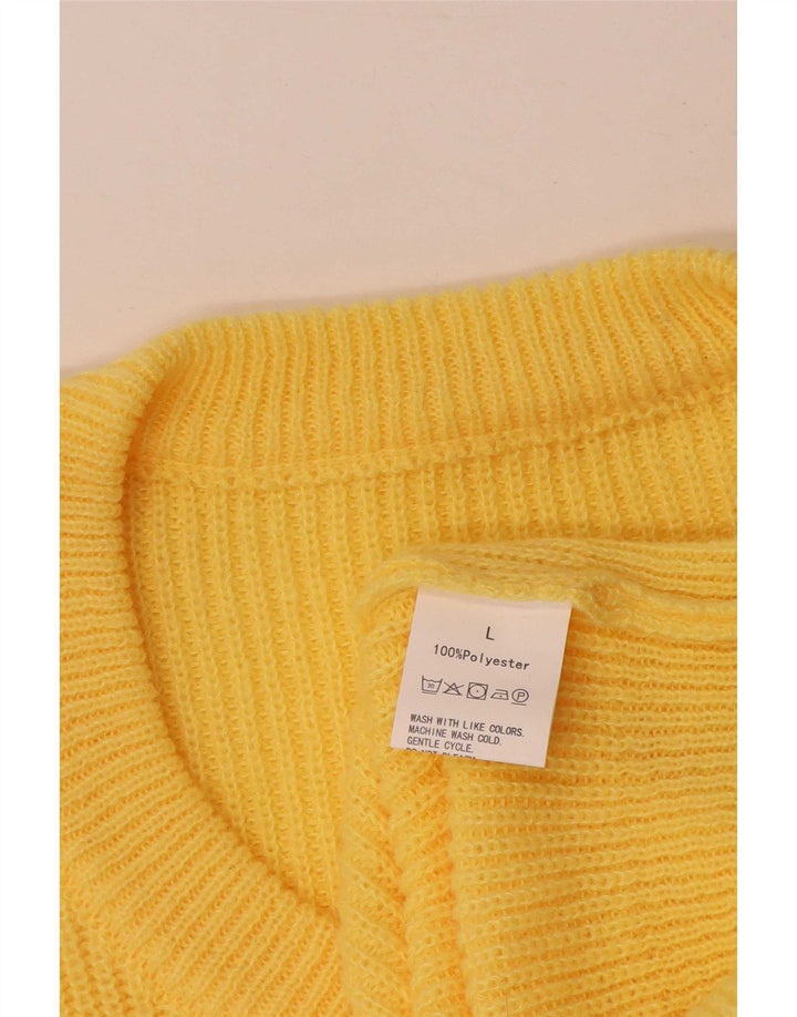 Vintage mujer V-cuello jumper suéter Reino Unido 16 poliéster amarillo grande