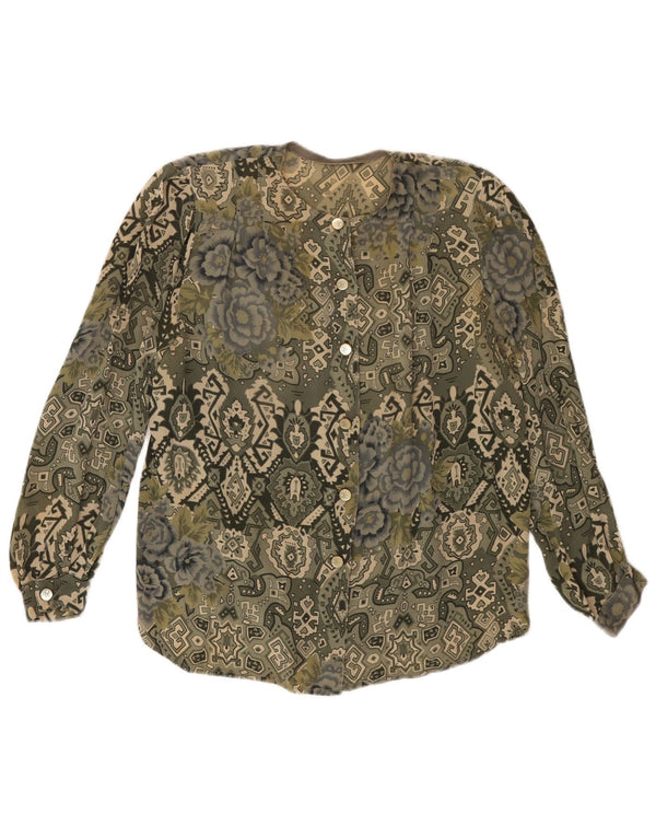 Vintage mujer camisa blusa Reino Unido 16 grande caqui geométrico