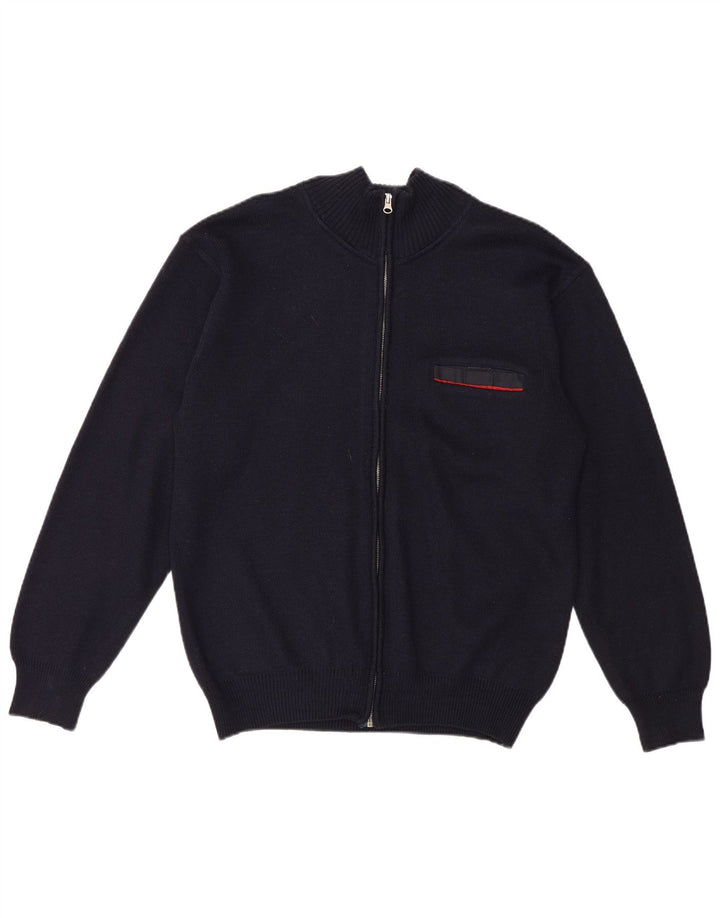 Vintage hombres completo zip cardigan suéter medio azul marino