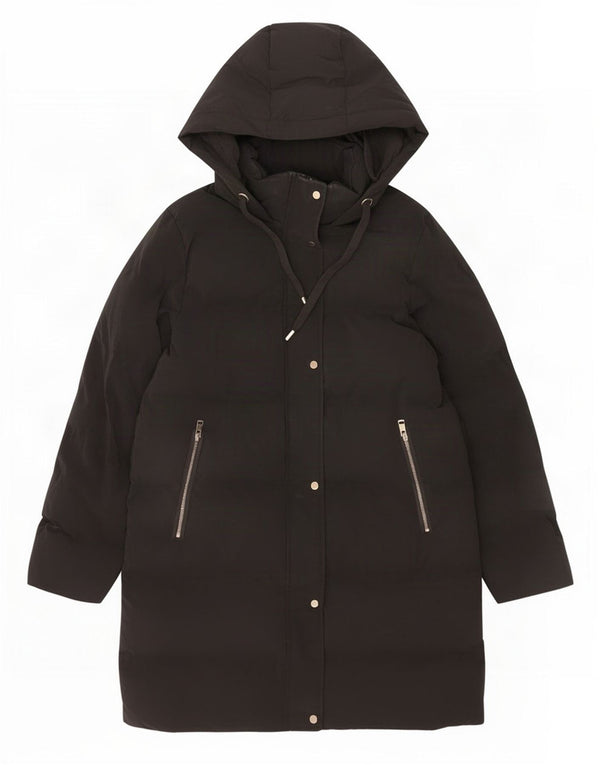 Zara Mujer Abrigo Acolchado Con Capucha UK 44 Medio Negro Poliéster