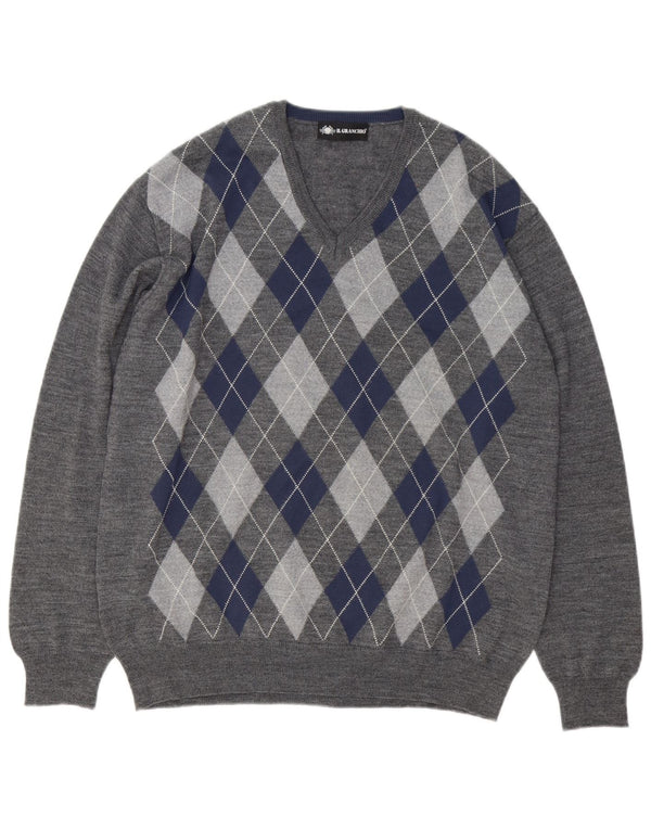 Il Granchio Jersey con Cuello en V para Hombre Large Gris Argyle/Lana Diamante