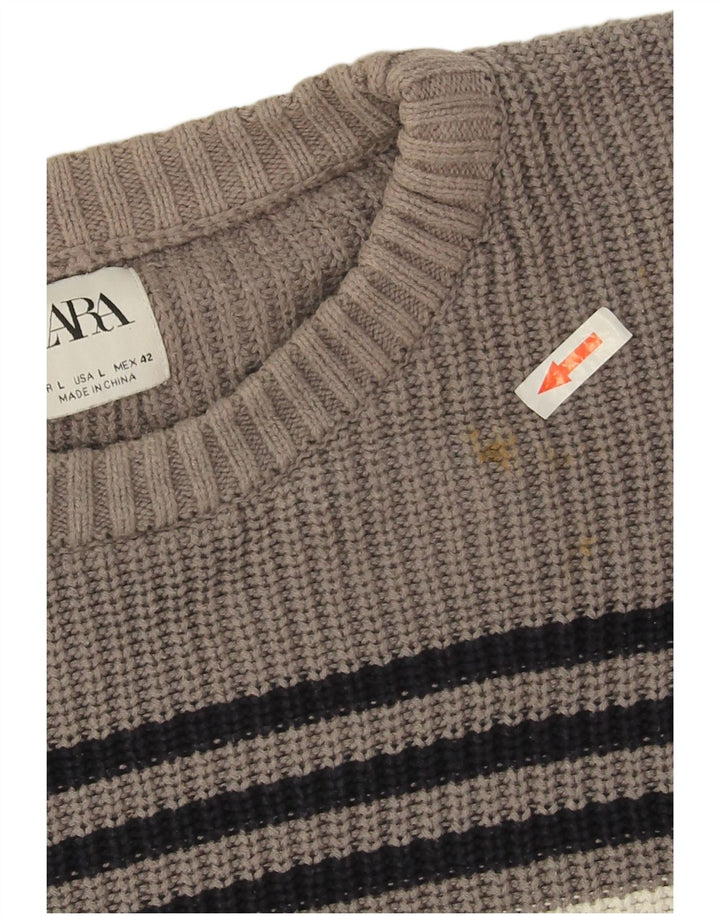 Zara Hombre Jersey Cuello Redondo Jersey Grande Gris Rayas
