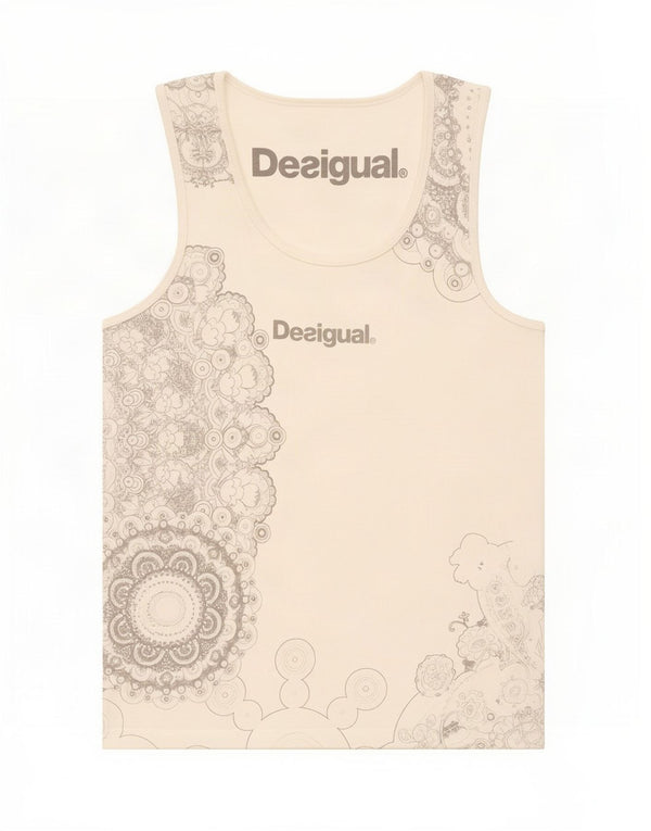 Desigual Mujer Gráfico Chaleco Top Reino Unido 8 Pequeño Algodón Floral Blanco