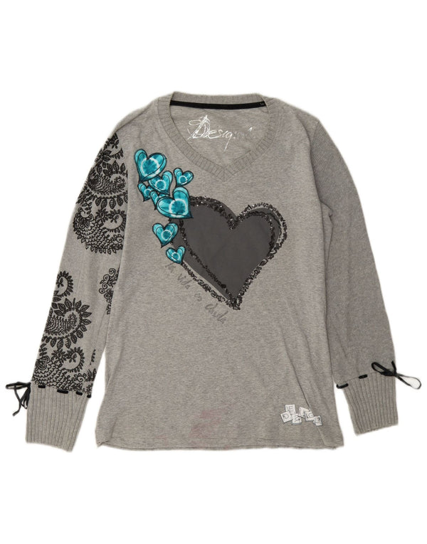 Desigual Top gráfico para mujer de manga larga Reino Unido 14 Grande Gris Paisley Algodón