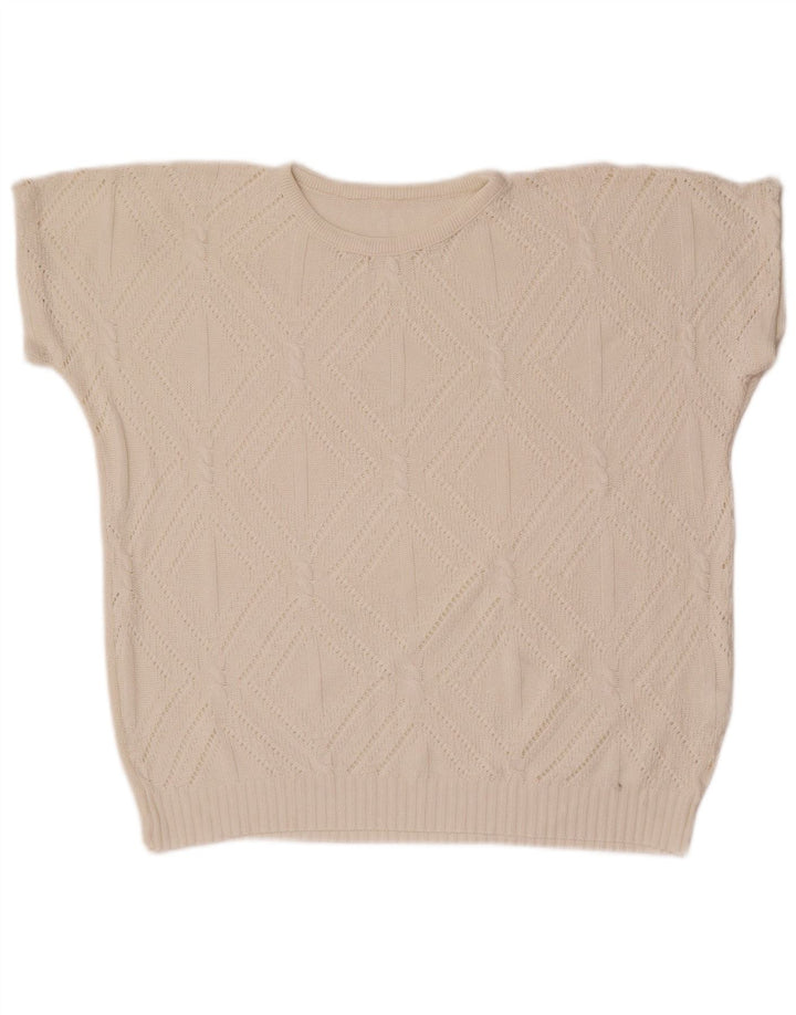 Vintage mujer cuello redondo jersey suéter Reino Unido 14 medio blanco geométrico