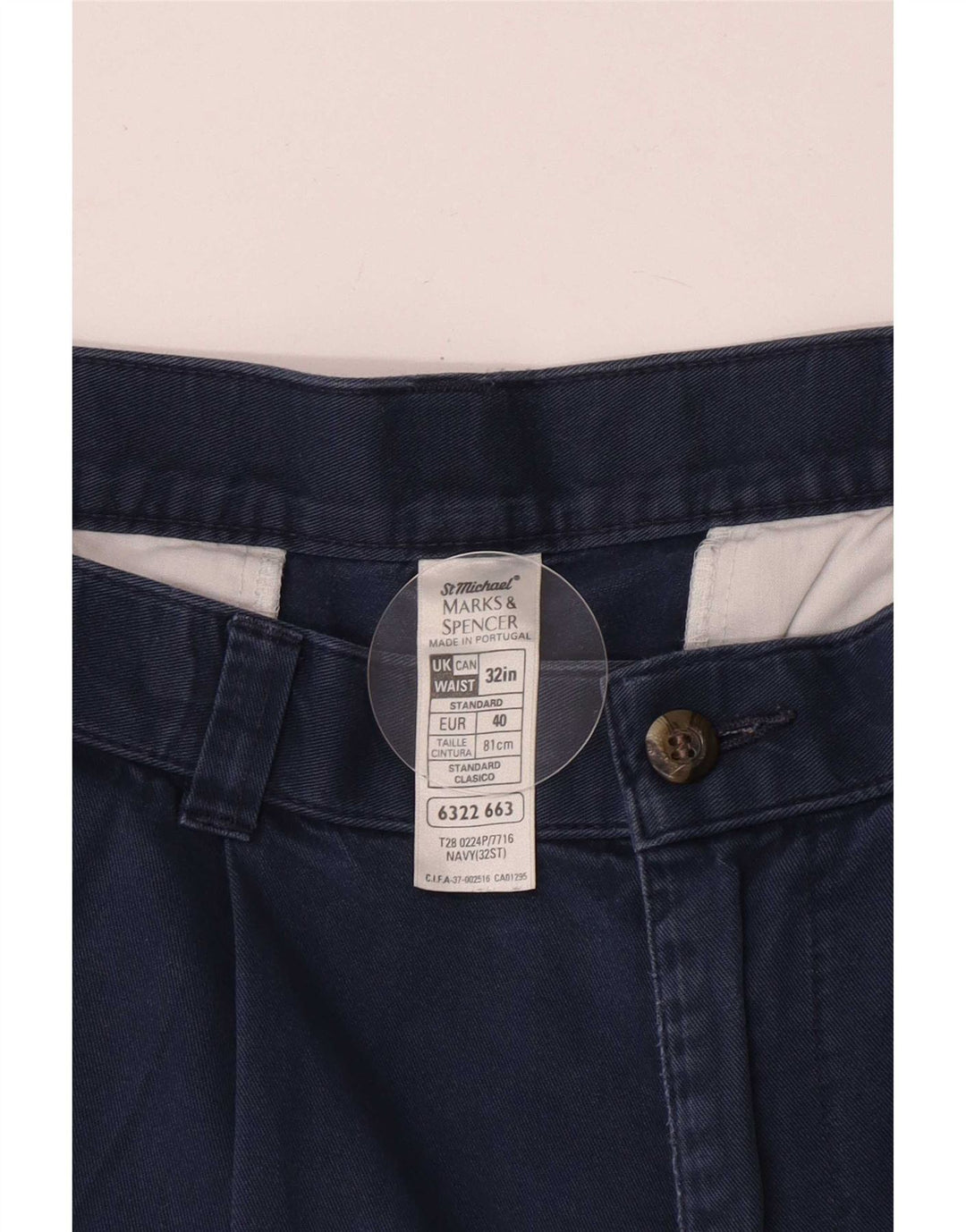 Marks & Spencer Pantalones cortos chinos pegados para hombre W32 Algodón azul marino mediano