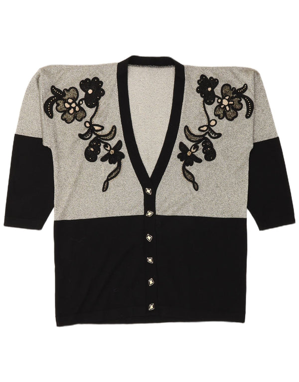 Vintage mujer gráfico cardigan suéter Reino Unido 18 XL negro floral