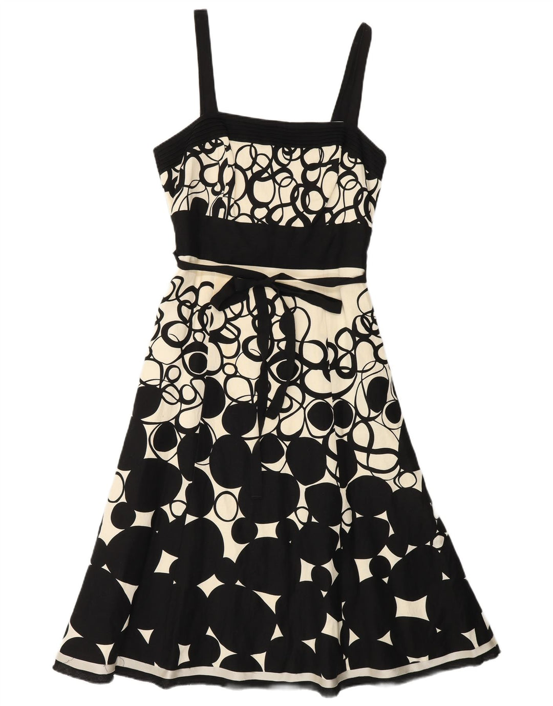 MONSOON Vestido acampanado sin mangas para mujer UK 40 Pequeño lino geométrico negro