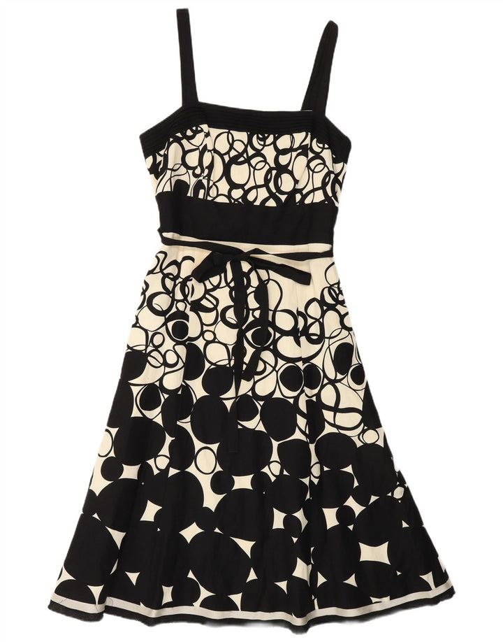 MONSOON Vestido acampanado sin mangas para mujer UK 40 Pequeño lino geométrico negro