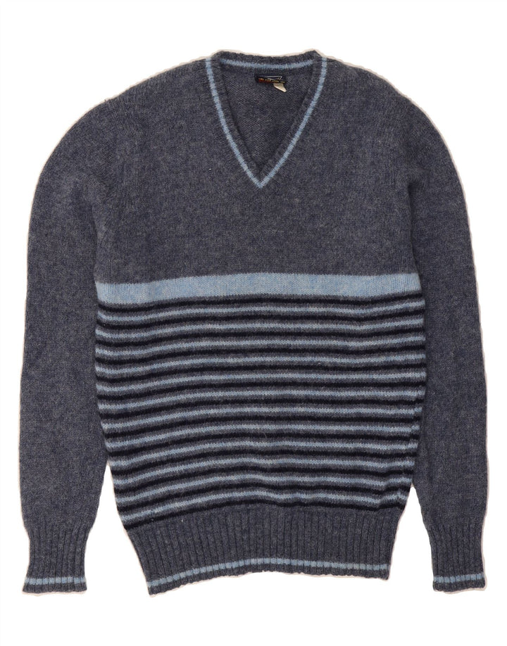 ST. BERNARD Mens V-Neck Jumper Sweater UK 40 Medium Navy Blue Striped Wool Vintage St. Bernard and Second-Hand St. Bernard from Messina Hembry 