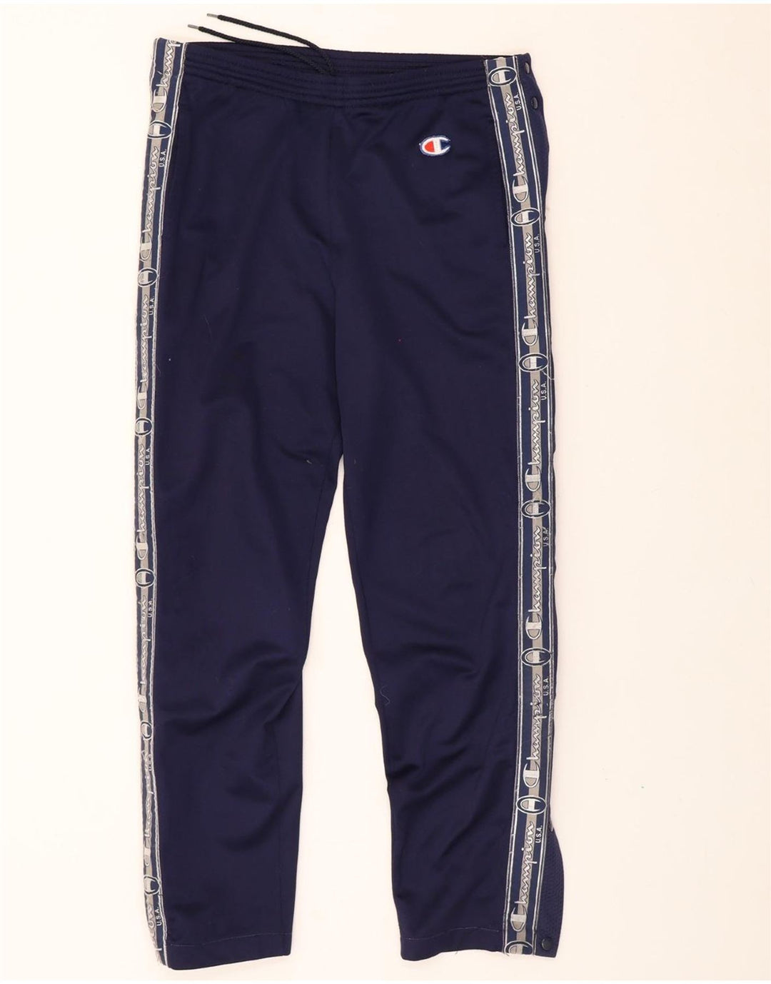 CHAMPION Mens Graphic Tracksuit Trousers Small  Navy Blue Colourblock Vintage Champion and Second-Hand Champion from Messina Hembry 