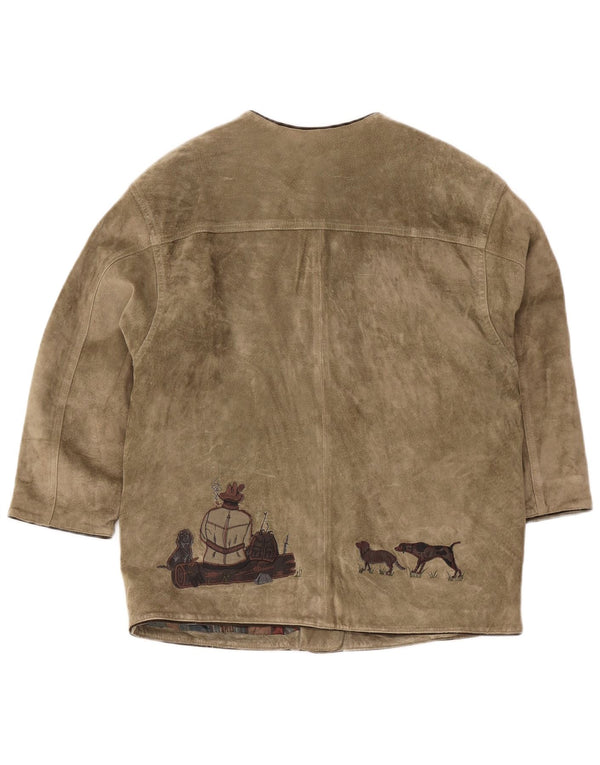 Vintage hombres caza gráfico gamuza chaqueta EU 42 grande caqui animal print