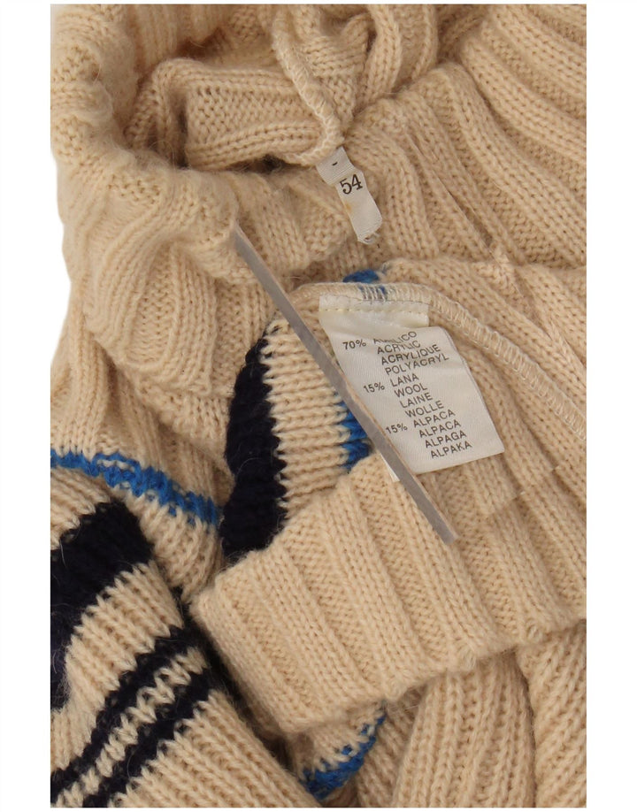 VINTAGE Mujer Roll Neck Jumper Suéter Reino Unido 12 Acrílico a rayas beige medio
