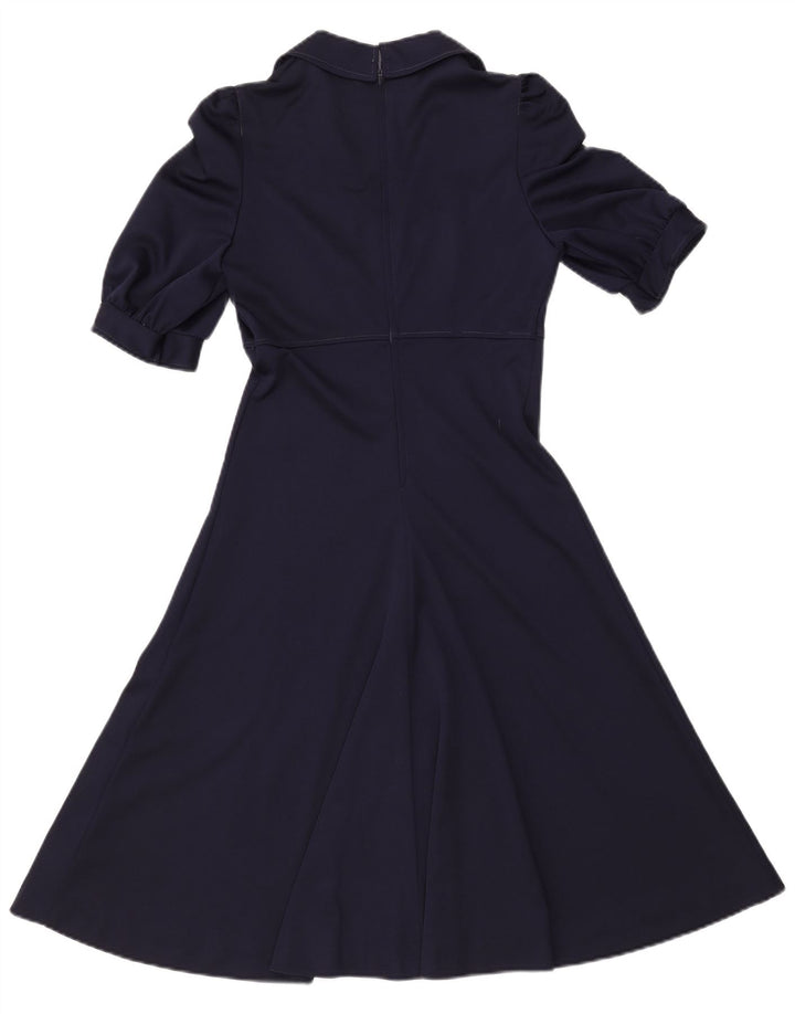 VINTAGE Mujer A-Line Vestido Reino Unido 8 Pequeño Poliéster Azul Marino