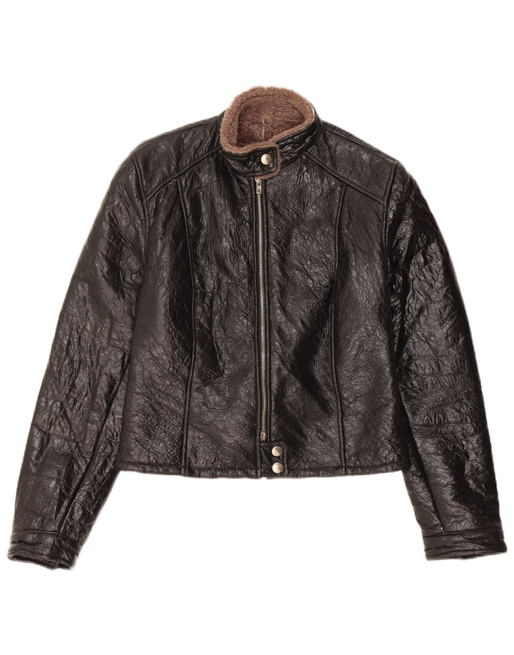 Vintage mujer shearling chaqueta Reino Unido 14 cuero negro medio