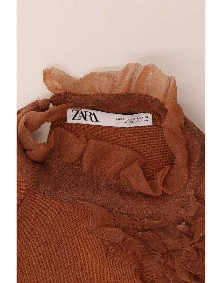 Zara Blusa Delantera Con Volantes Para Mujer UK 8 Small Nylon Marrón