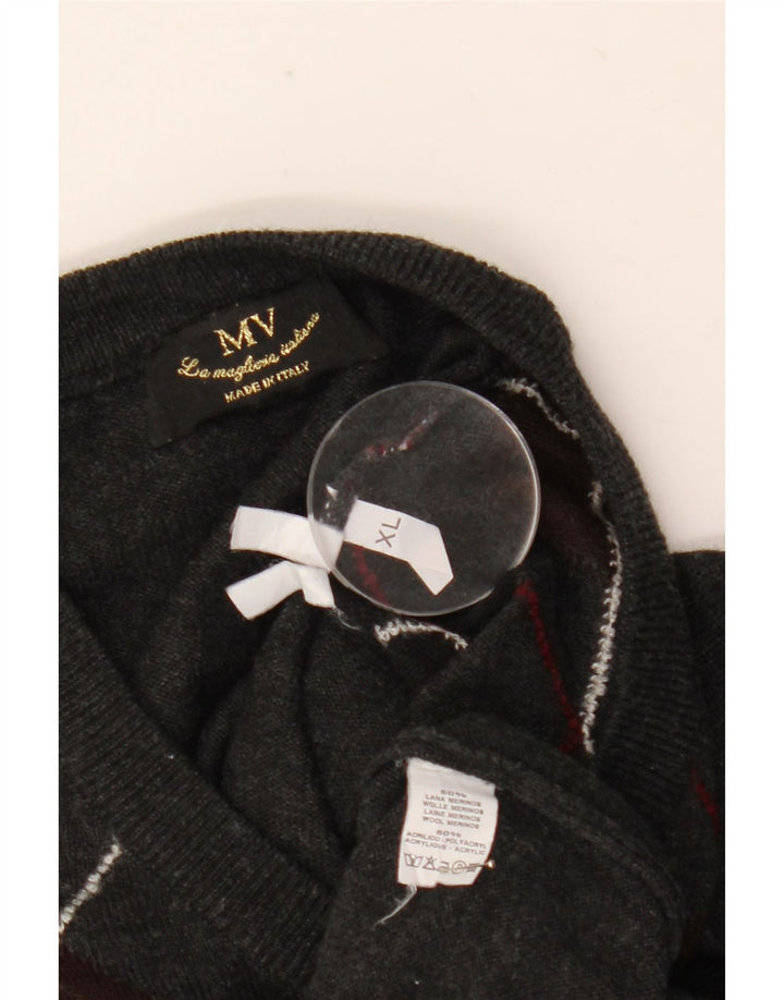 Vintage hombres V-cuello jumper suéter XL gris Argyle/lana de diamante