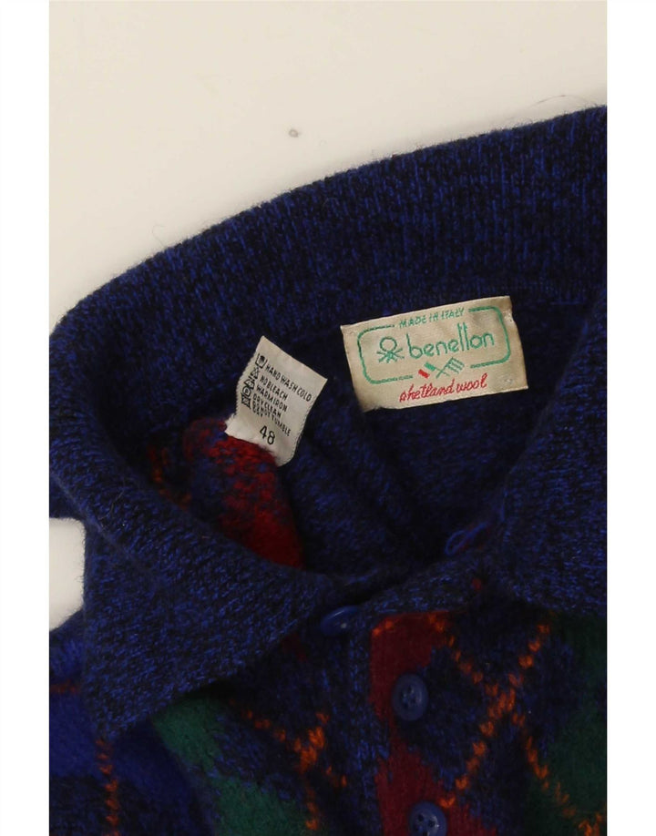 Benetton Jersey De Cuello Polo Para Hombre IT 48 Small Blue Argyle/Diamond Wool
