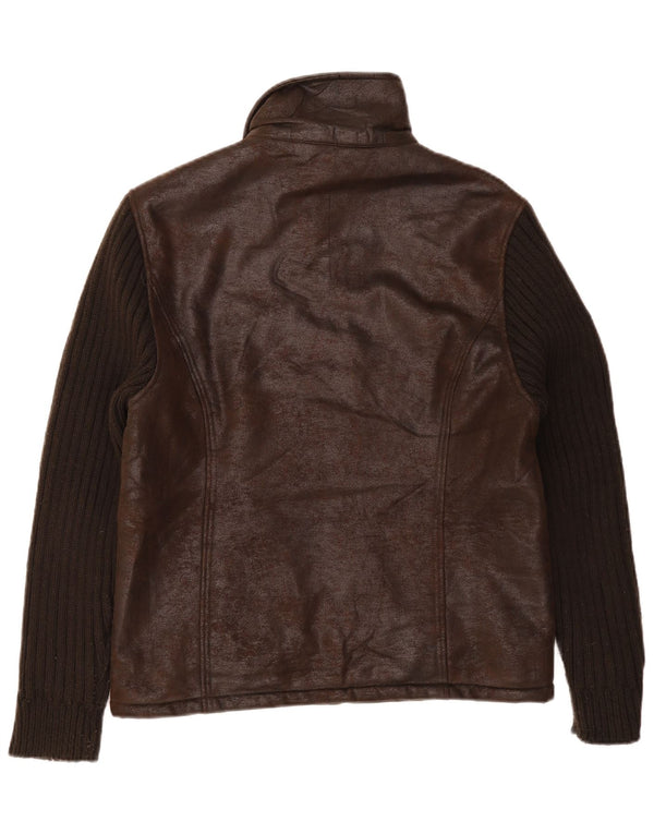 Vintage hombres chaqueta de cuero sintético Reino Unido 36 pequeño marrón colorblock poliéster