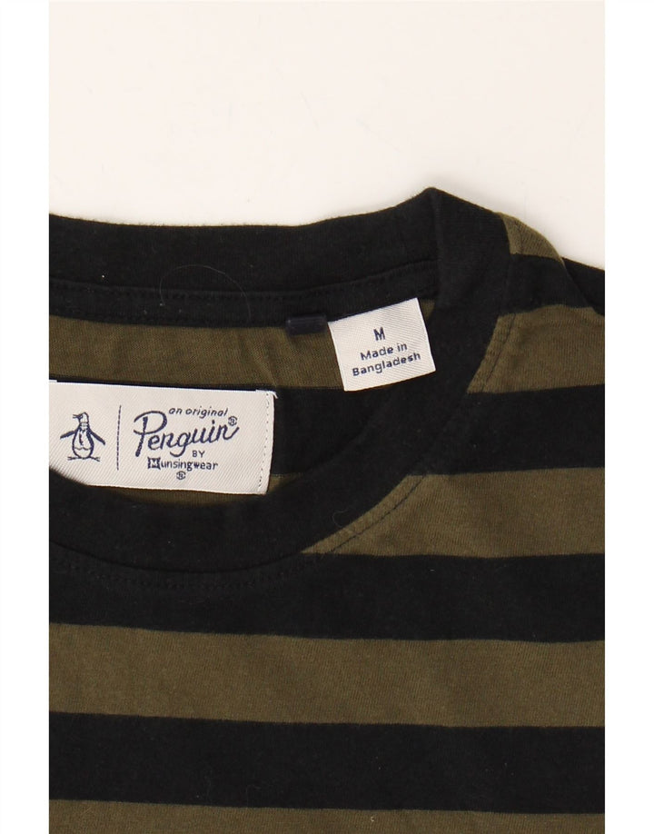 PENGUIN Mens T-Shirt Top Medium Khaki Striped Cotton Vintage Penguin and Second-Hand Penguin from Messina Hembry 