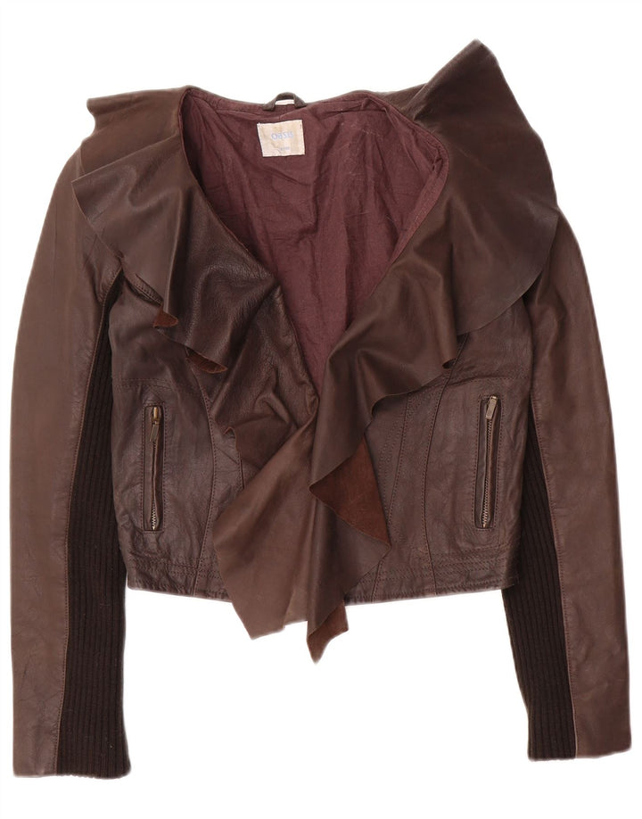 Oasis Chaqueta de cuero abierta para mujer UK 10 Small Brown Leather