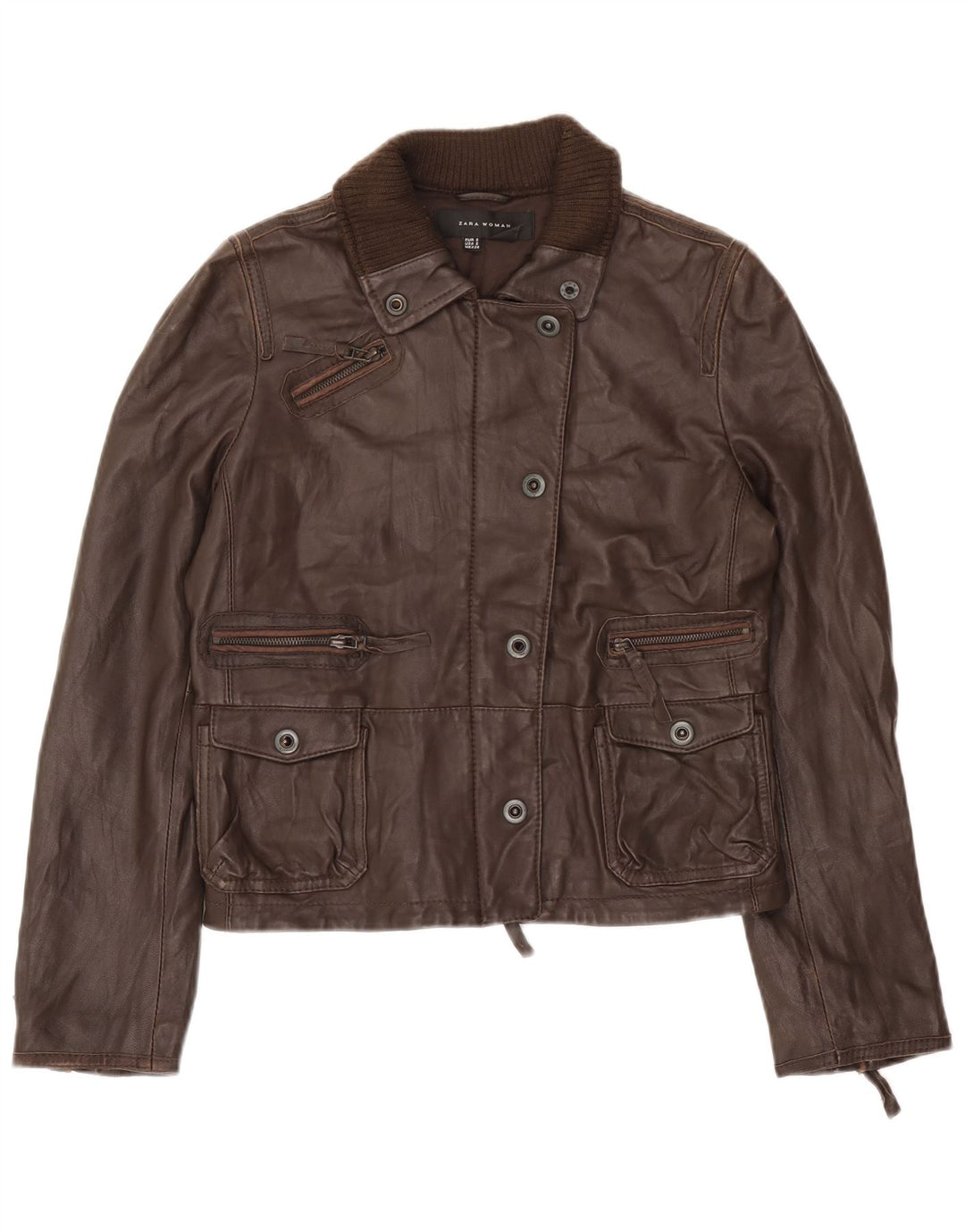 Zara Chaqueta De Cuero Para Mujer UK 10 Small Cuero Marrón