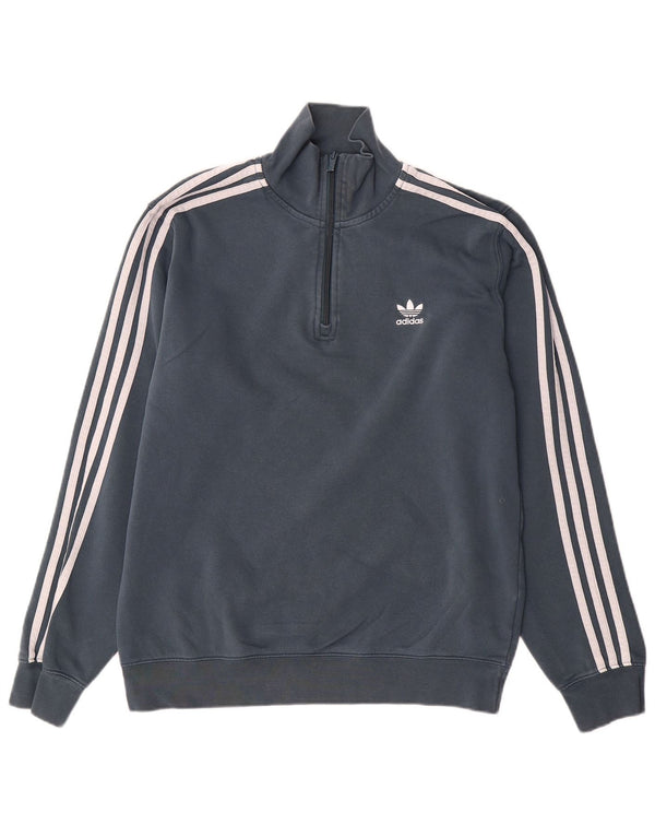Adidas Hombre Zip Neck Sudadera Jumper Gris Medio Algodón