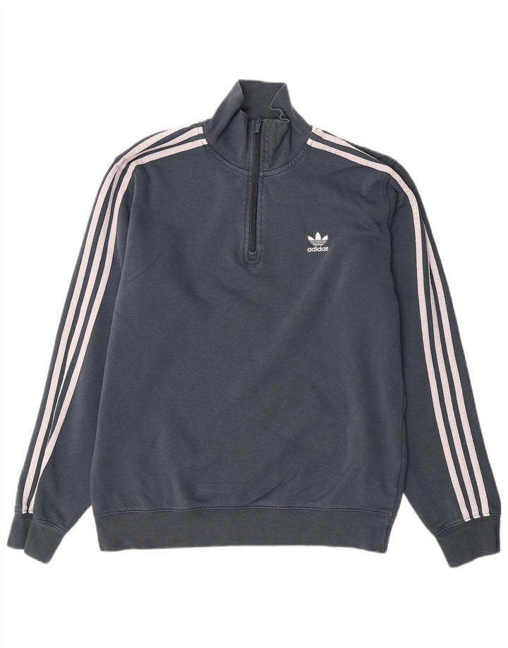 Adidas Hombre Zip Neck Sudadera Jumper Gris Medio Algodón