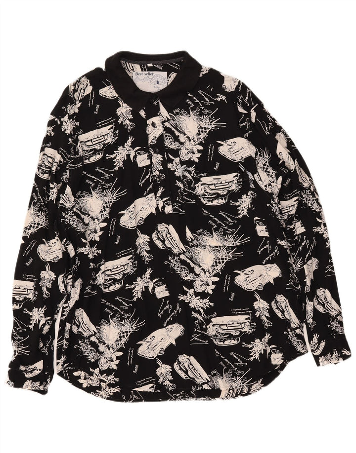 VINTAGE Hombres Gráfico Jersey Camisa Mediano Negro