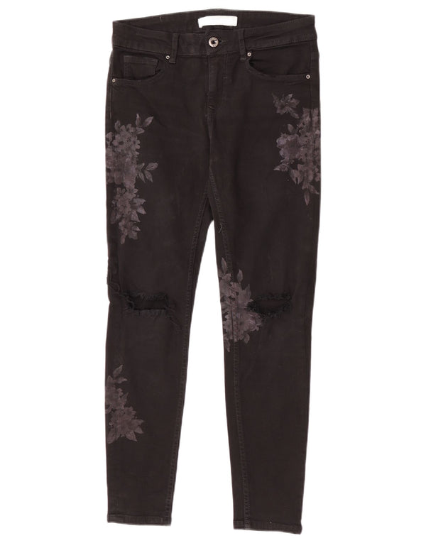 Zara Jeans Ajustados Desgastados Gráficos para Mujer EU 36 XS W26 L26 Negro Floral