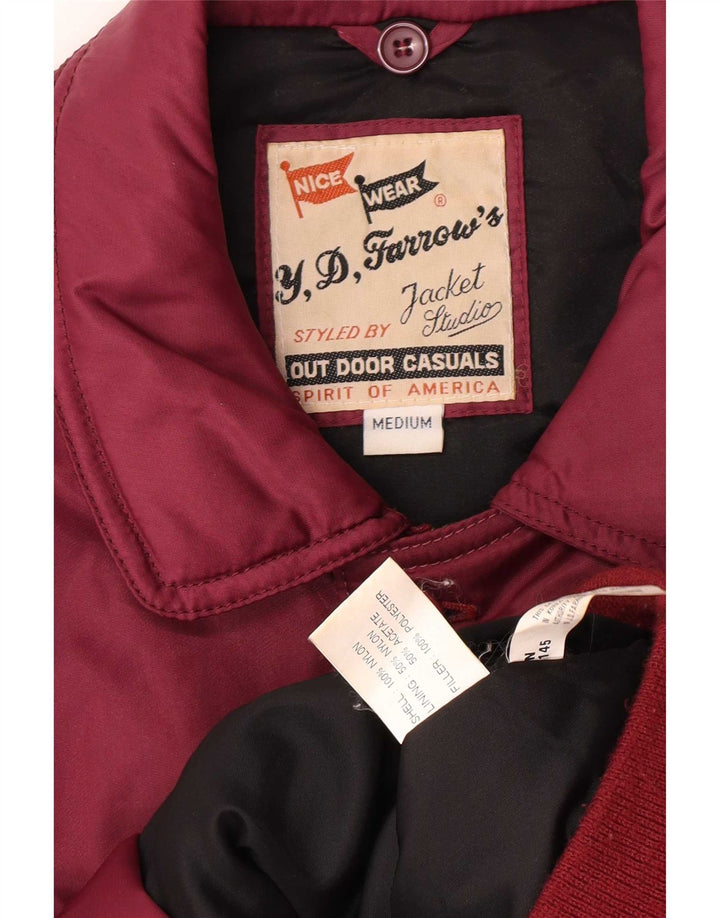 Vintage hombres acolchado chaqueta bomber Reino Unido 38 medio borgoña nylon