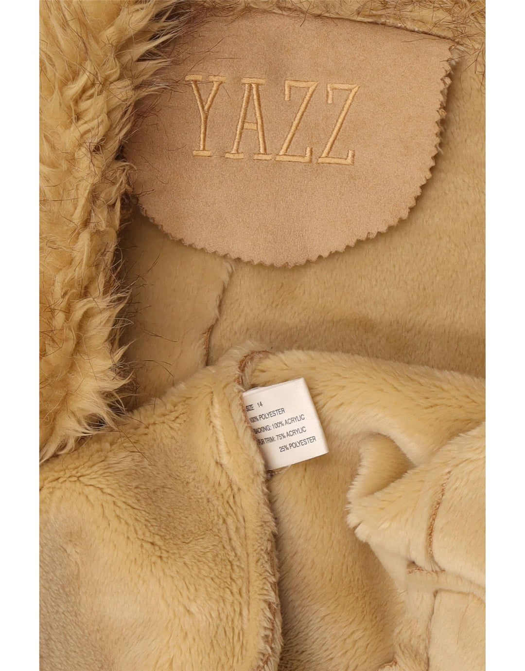 Vintage mujer abierta Sherpa chaqueta Reino Unido 14 poliéster beige grande