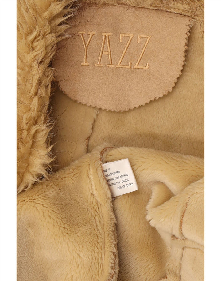 Vintage mujer abierta Sherpa chaqueta Reino Unido 14 poliéster beige grande