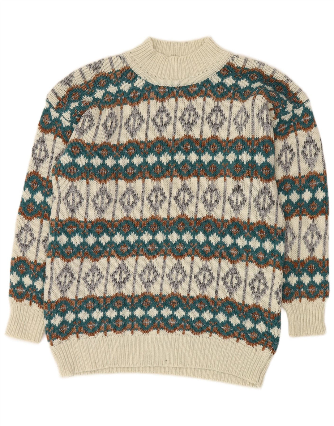 VINTAGE Hombres Turtle Neck Jumper Suéter Medio Blanco Fair Isle