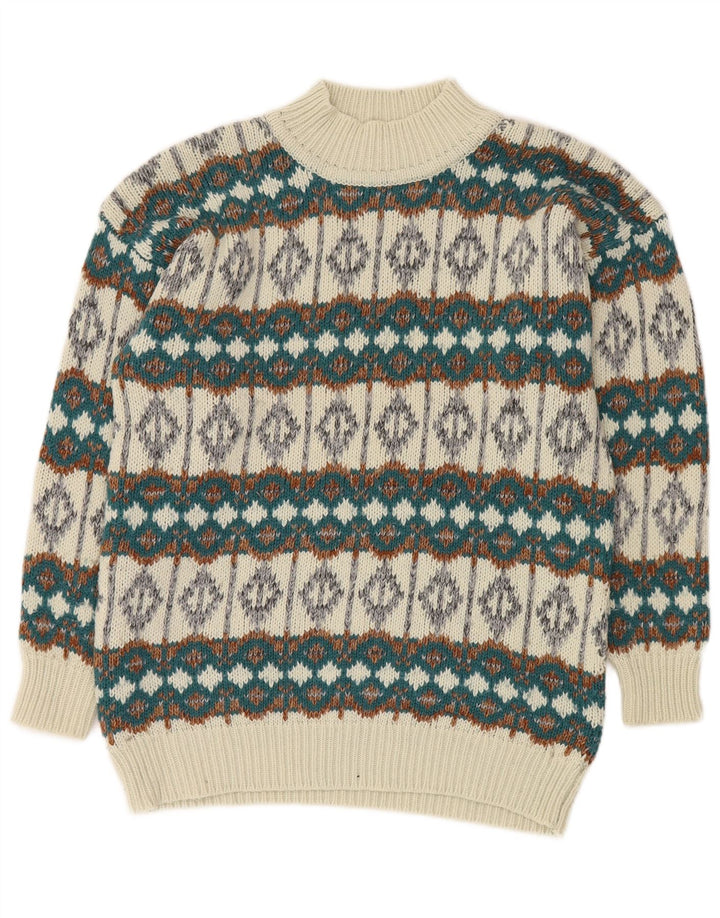 VINTAGE Hombres Turtle Neck Jumper Suéter Medio Blanco Fair Isle