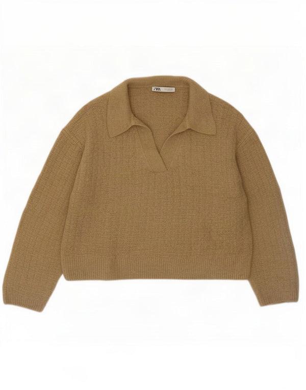 Zara Suéter tipo jersey con cuello tipo polo y corte holgado para mujer, talla 40, color caqui mediano