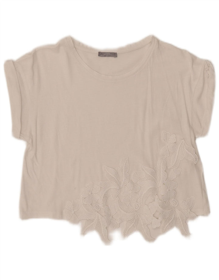 Zara Mujer Blusa Corta Top Reino Unido 42 Medio Blanco Floral