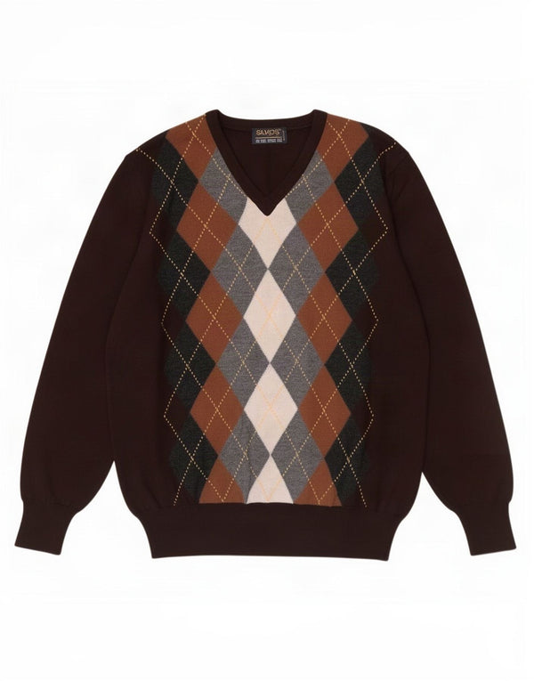 Vintage hombres V-cuello jumper suéter IT 48 Marrón medio Argyle/Diamond