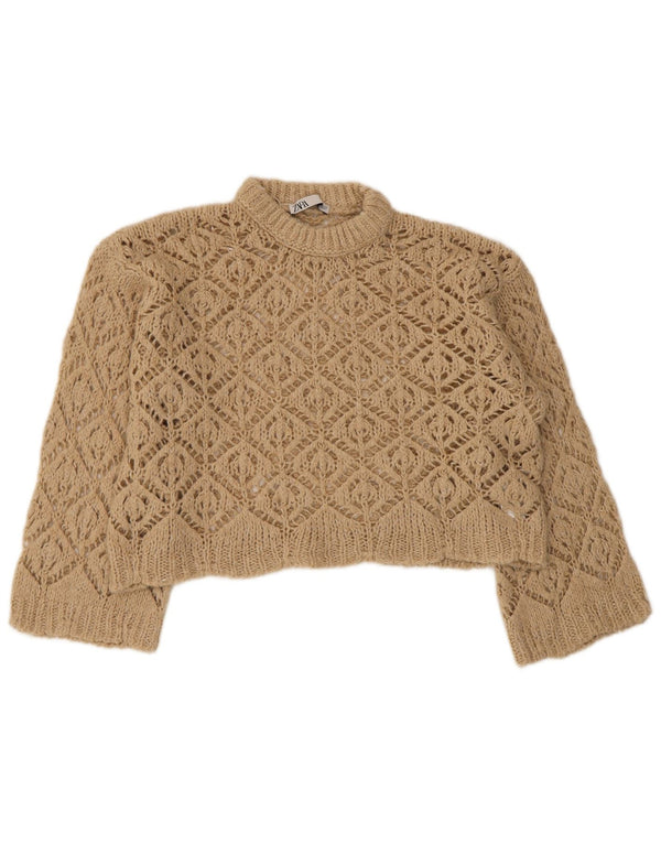 Zara Mujer Oversize Crop Crew Neck Jumper Sweater UK 10 Small Beige