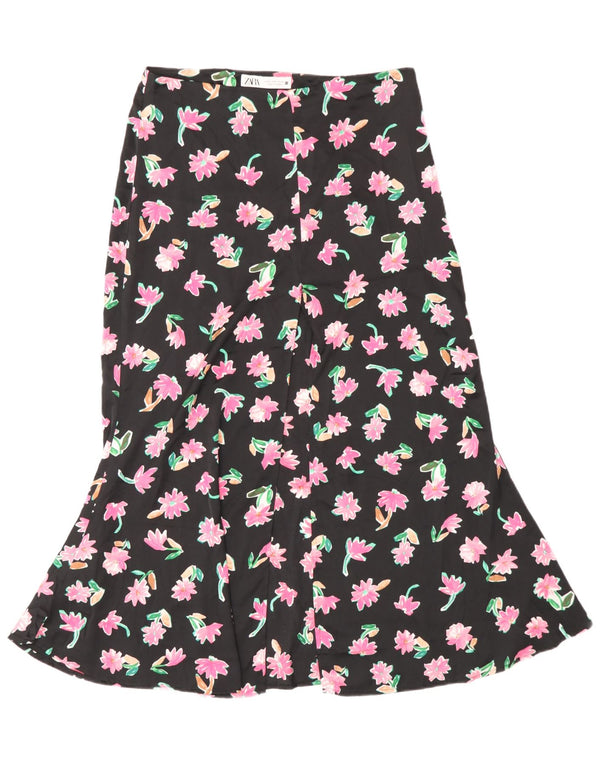 Zara Mujer Falda Sirena De Cintura Alta Mediana W28 Poliéster Floral Negro