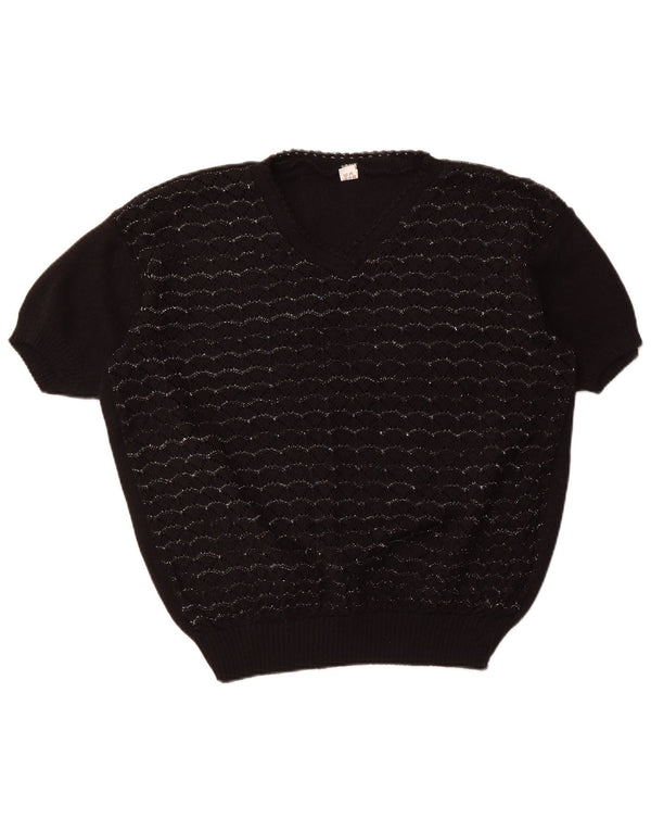 VINTAGE Jersey de manga corta con cuello en V para mujer UK 18 XL Rayas negras