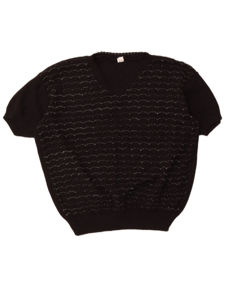 VINTAGE Jersey de manga corta con cuello en V para mujer UK 18 XL Rayas negras