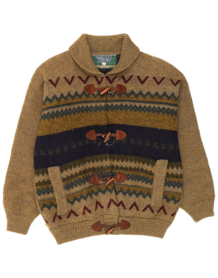 Vintage hombres Cardigan suéter medio caqui lana geométrica