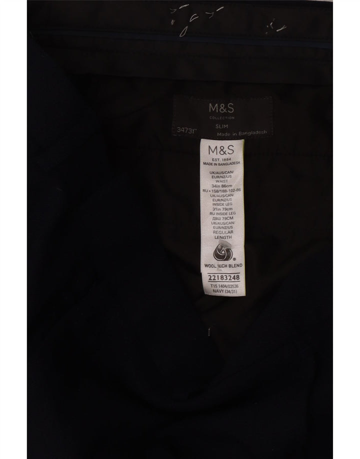 Marks & Spencer Pantalón de traje ajustado para hombre W34 L31 Lana azul marino
