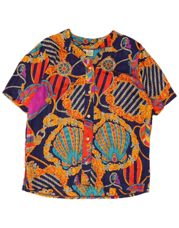 Vintage mujer patrón abstracto camisa blusa IT 50 XL azul marino